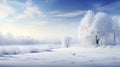 Frosted white tree on frosty winter day against blue sky with gentle fluffy clouds. Snow-covered fields. Atmosphere of calm