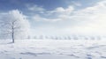 Frosted white tree on frosty winter day against blue sky with gentle fluffy clouds. Snow-covered fields. Atmosphere of calm