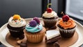 frosting A festive photo of four different cup cakes on a white plate. The cup cakes are round and have cherry cherries