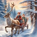 Frosty Adventure: Children\'s Sleigh Ride Behind Reindeer