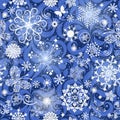 Frosty blue Christmas pattern with stylized lacy snowflakes, butterflies