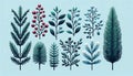 Frosty Christmas Twigs Collection on Blue Background AI Generated