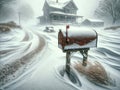 A Frosty Country Scene with a Rusty Mailbox in Winter Old Homestead House Property AI Generated