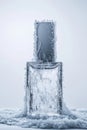 Frosty crystals envelop a square nail polish bottle, enhancing its sharp geometric features. The icy layer reflects
