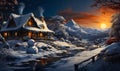 A Frosty Encounter: Snowman and Cabin in a Winter Wonderland Royalty Free Stock Photo