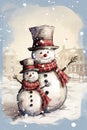 Frosty Family Fun: A Playful Portrait of Snowmen in Hats and Sca