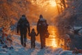 Frosty family hike Loved ones bonding in nature during winter walks Royalty Free Stock Photo