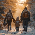 Frosty family hike Loved ones bonding in nature during winter walks Royalty Free Stock Photo