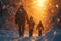 Frosty family hike Loved ones bonding in nature during winter walks Royalty Free Stock Photo