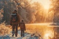 Frosty family hike Loved ones bonding in nature during winter walks Royalty Free Stock Photo