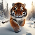 Danger Unleashed as an Amur Tiger Charges Through the Winter Wilderness. Generative ai for illustrations