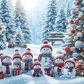 A Merry Assembly of Snowmen Adorning the Winter Christmas Landscape with Joy. Generative ai for illustrations Royalty Free Stock Photo