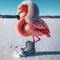 Frosty Flamingo wears a puffy coat and snow boots. Royalty Free Stock Photo