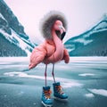 Frosty Flamingo wears a puffy coat and snow boots. Royalty Free Stock Photo