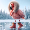 Frosty Flamingo wears a puffy coat and snow boots. Royalty Free Stock Photo