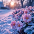 Frosty flowerbeds Delicate winter blooms cared for in snowy garden