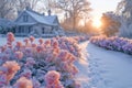 Frosty flowerbeds Delicate winter blooms cared for in snowy garden