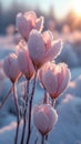 Frosty flowerbeds Delicate winter blooms cared for in snowy garden