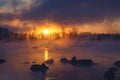 frosty foggy morning in winter over the Yenisei