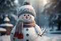 Frosty friend Snowman stands tall in winter landscape background