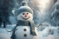 Frosty friend Snowman stands tall in winter landscape background