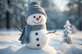 Frosty friend Snowman stands tall in winter landscape background