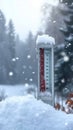 Frosty gauge Outdoor weather thermometer amid falling snow, copy space