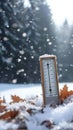 Frosty gauge Outdoor weather thermometer amid falling snow, copy space