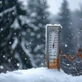 Frosty gauge Outdoor weather thermometer amid falling snow, copy space