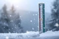 Frosty gauge Outdoor weather thermometer amid falling snow, copy space