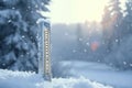 Frosty gauge Outdoor weather thermometer amid falling snow, copy space