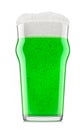 Frosty glass of draft green beer with bubble froth isolated on white background. Royalty Free Stock Photo