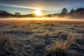 frosty grass field with sun rays breaking through fog