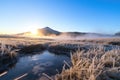 frosty grass next to steamy hot spring