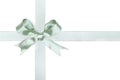 Frosty green Christmas gift bow and ribbon arranged as wrapped gift box isolated on white