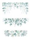 Frosty green hand painted watercolor border set. Isolated. Greenery clipart. Botanical Nature Eucalyptus