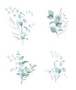 Frosty green hand painted watercolor bouquets. Isolated. Greenery clipart.