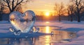 A frosty heart-shaped ice sculpture adorned with intricate snowflake patterns sits