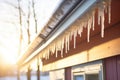 frosty icicles backlit by morning sun on a roof