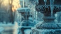 Frosty Landmark, Close-Up of a City Monument Frosted Over, with Icicles Hanging, Dawn's Early Light, Symbolizing