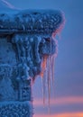 Frosty Landmark, Close-Up of a City Monument Frosted Over, with Icicles Hanging, Dawn's Early Light, Symbolizing