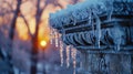 Frosty Landmark, Close-Up of a City Monument Frosted Over, with Icicles Hanging, Dawn's Early Light, Symbolizing