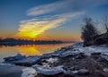 Frosty March dawn on the banks of the Neva river in St. Petersburg Royalty Free Stock Photo