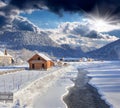 Frosty morning in mountain village. Royalty Free Stock Photo