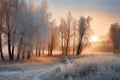 Frosty morning in the park. Winter landscape. Russia.