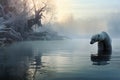 frosty morning with a polar bear taking a plunge in icy lake Royalty Free Stock Photo