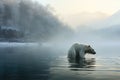 frosty morning with a polar bear taking a plunge in icy lake Royalty Free Stock Photo