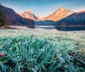 Frosty morning scene of Obersee lake valley with Brunnelistock peak. Wonderful autumn view of Swiss Alps, Nafels village location, Royalty Free Stock Photo