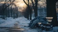 Snowy landscape in the park, with trees and a bench shrouded in icy fog. Royalty Free Stock Photo