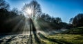 Frosty morning with sunlight rays shining through the trees and winter morning mist, Cotswolds, UK Royalty Free Stock Photo